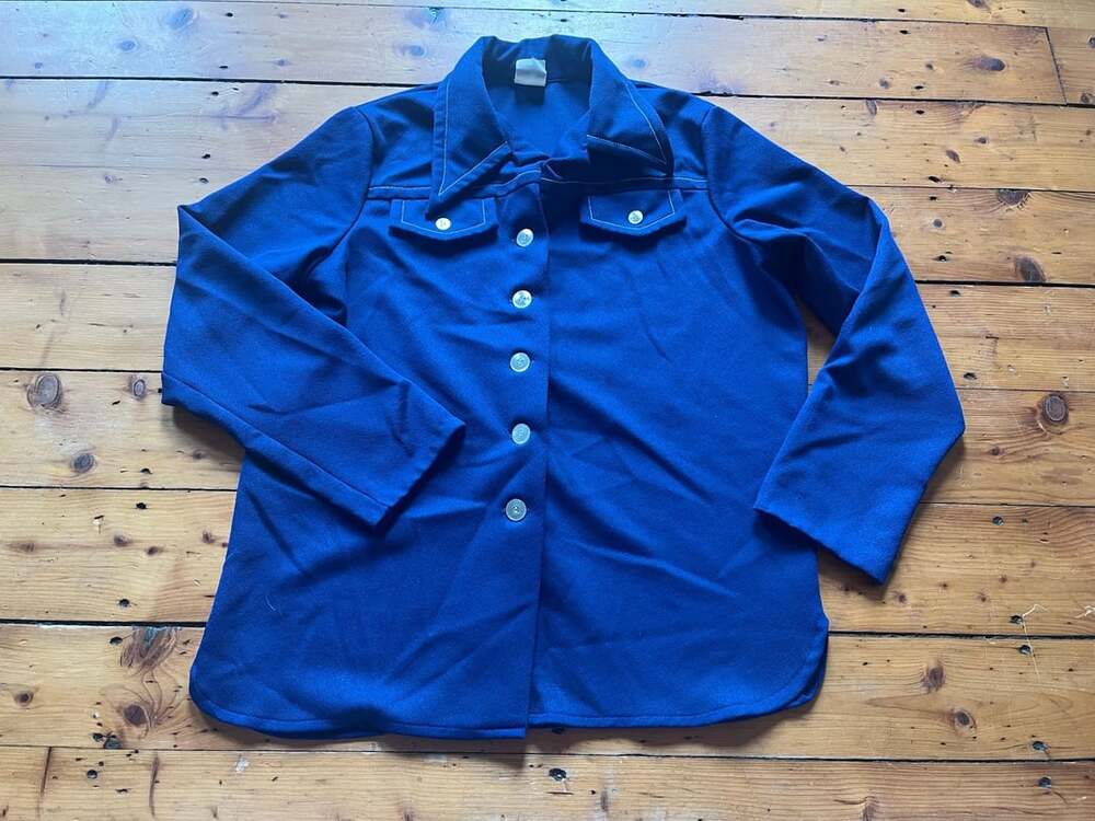 Vintage 1970s Mod Royal Blue Contrast Stitching Shirt Jacket Top Size 18 XL